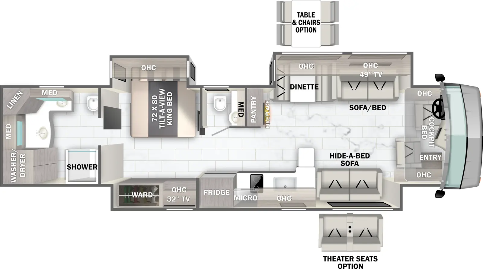 The Berkshire XL 40H floorplan has one entry and three slide outs. Interiors features include: free-standing dinette option, rear bathroom, bathroom and a half, bunk over cab and dinette.